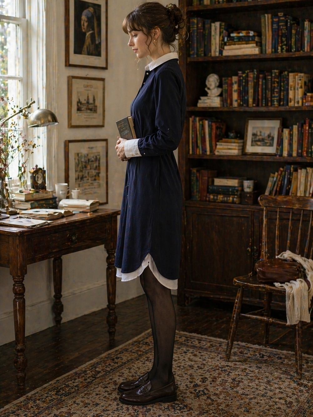 Light Academia Shirt Dress Outfit XS Navy White Collar Dress with Cameo Earrings